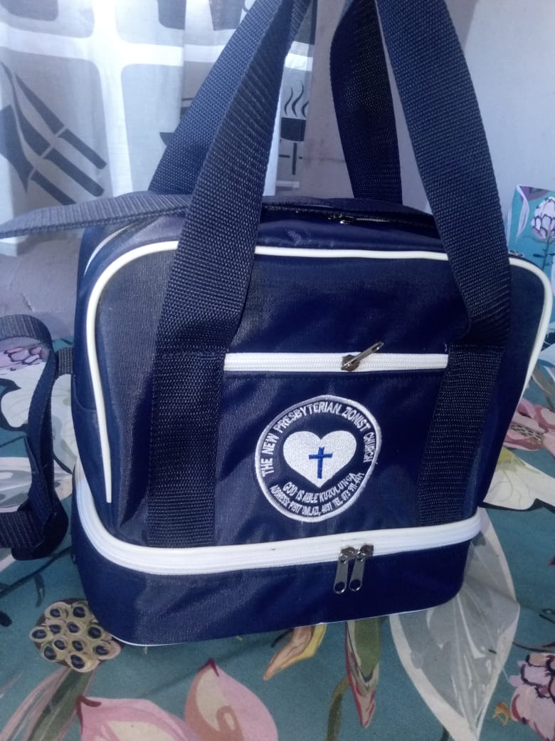 Navy cooler bag with The New Presbyterian Church embroidery